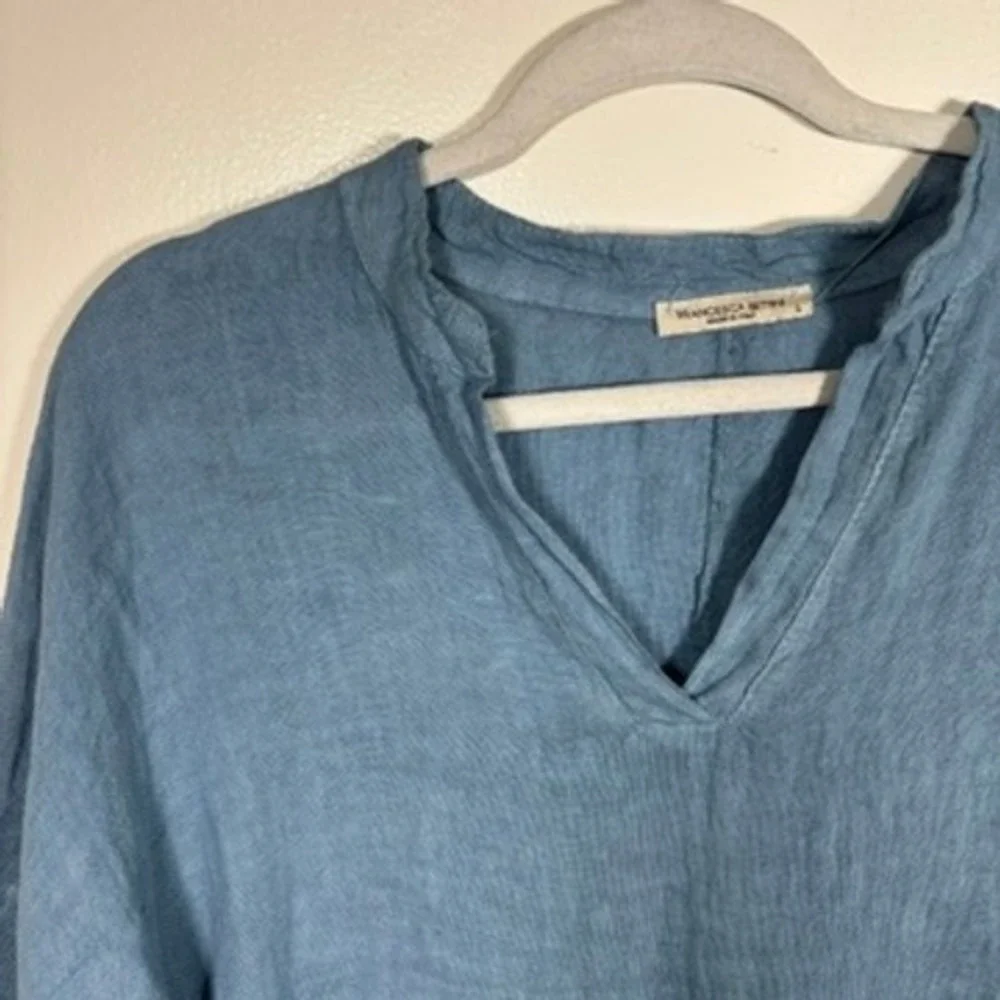 Francesca Bertini Top Women Sz L Sky Blue 100% Linen V-Neck Tunic Blouse Coastal - Picture 4 of 7